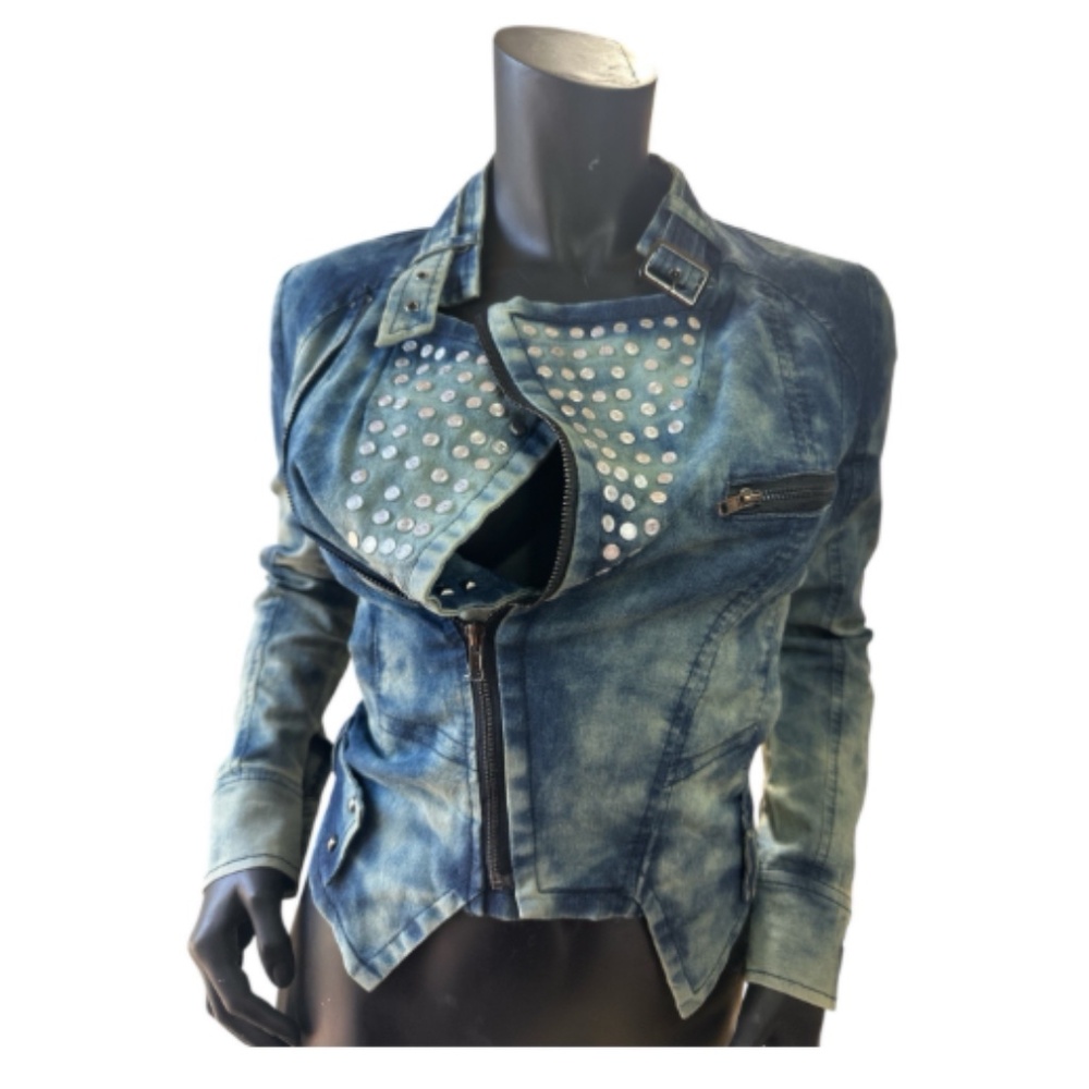 Double Zero Cropped Denim Moto Jacket Studded Collar Zip S
